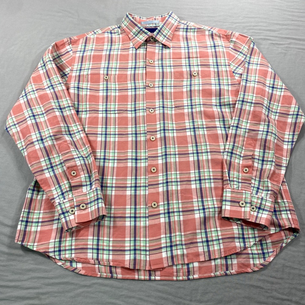 Tommy Bahama Shirt Mens Large Red Blue Plaid Linen Blend Hawaiian Beach Casual